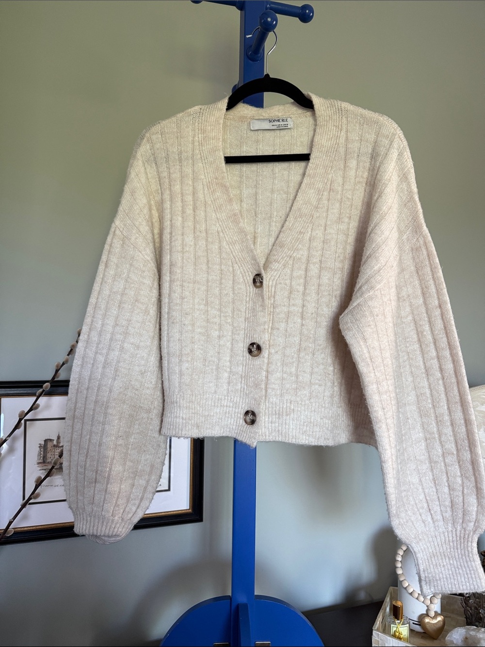 Sophie Rue Beige Ribbed V-Neck Button-Front Cardigan - Medium